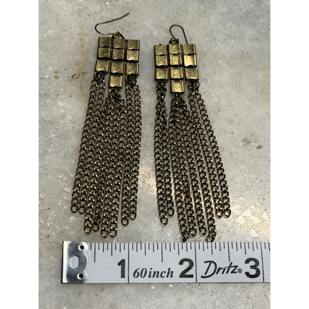 Brass Tone Chain Fringe Tassel Earrings Grunge Art Deco Long Boho Punk Y2K Edgy